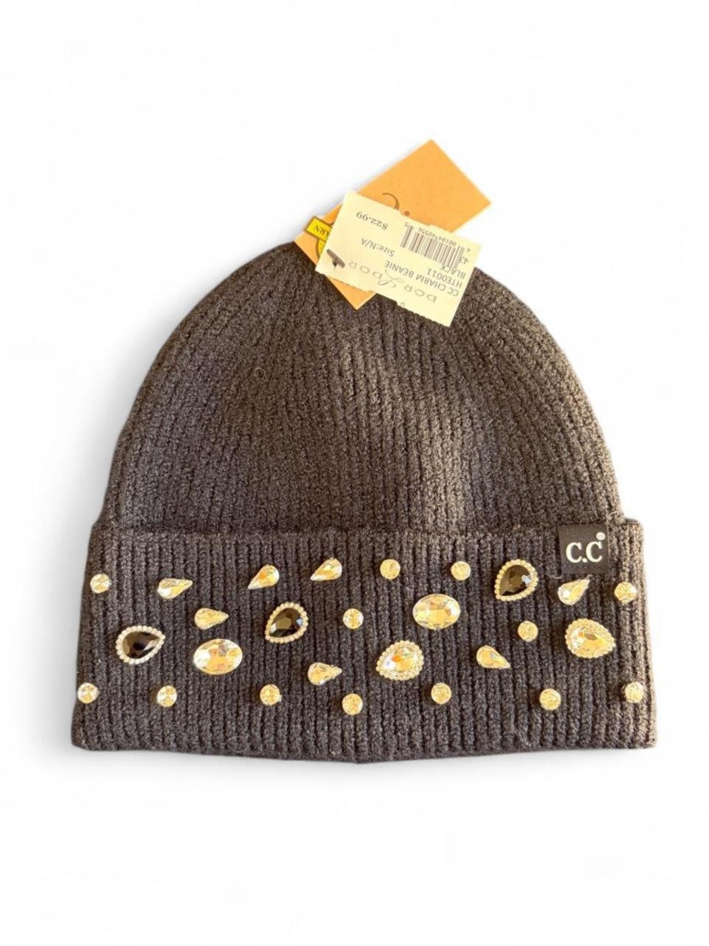 C.C Dark Brown Knit Beanie with silver Gem Accents